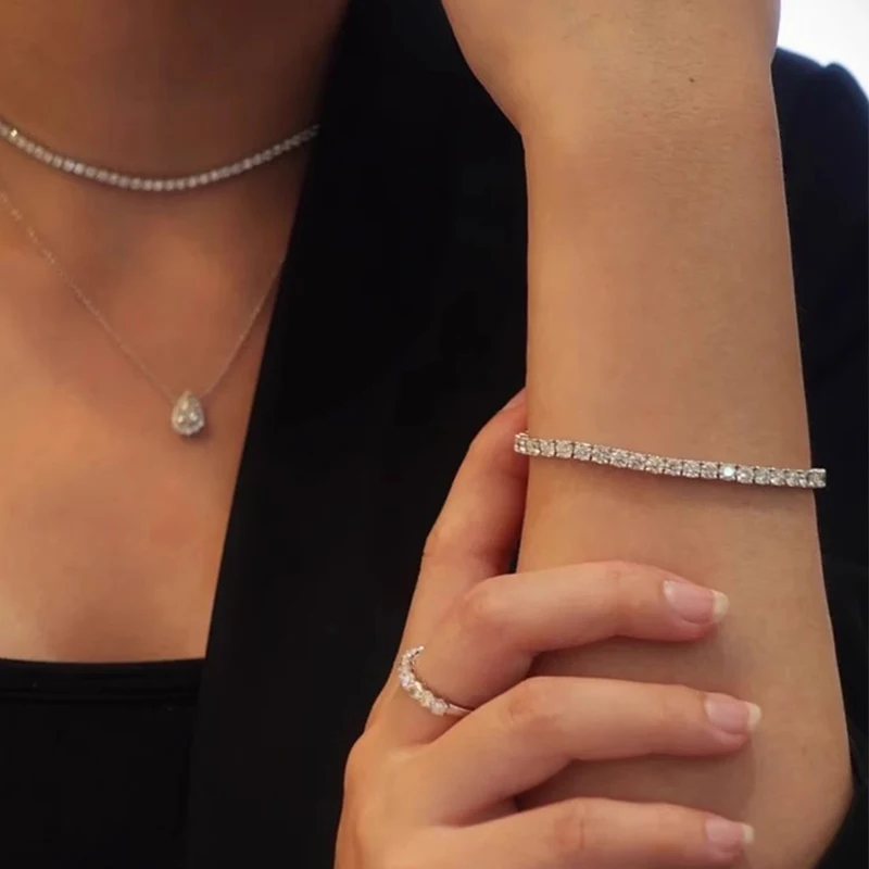 NeeTim 3mm 4mm 5mm 6.5mm Moissanite Tennis Bracelet Original S925 Sterling Silver Sparkling Bracelets for Women Men Hand Chains