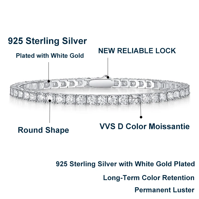 NeeTim 3mm 4mm 5mm 6.5mm Moissanite Tennis Bracelet Original S925 Sterling Silver Sparkling Bracelets for Women Men Hand Chains