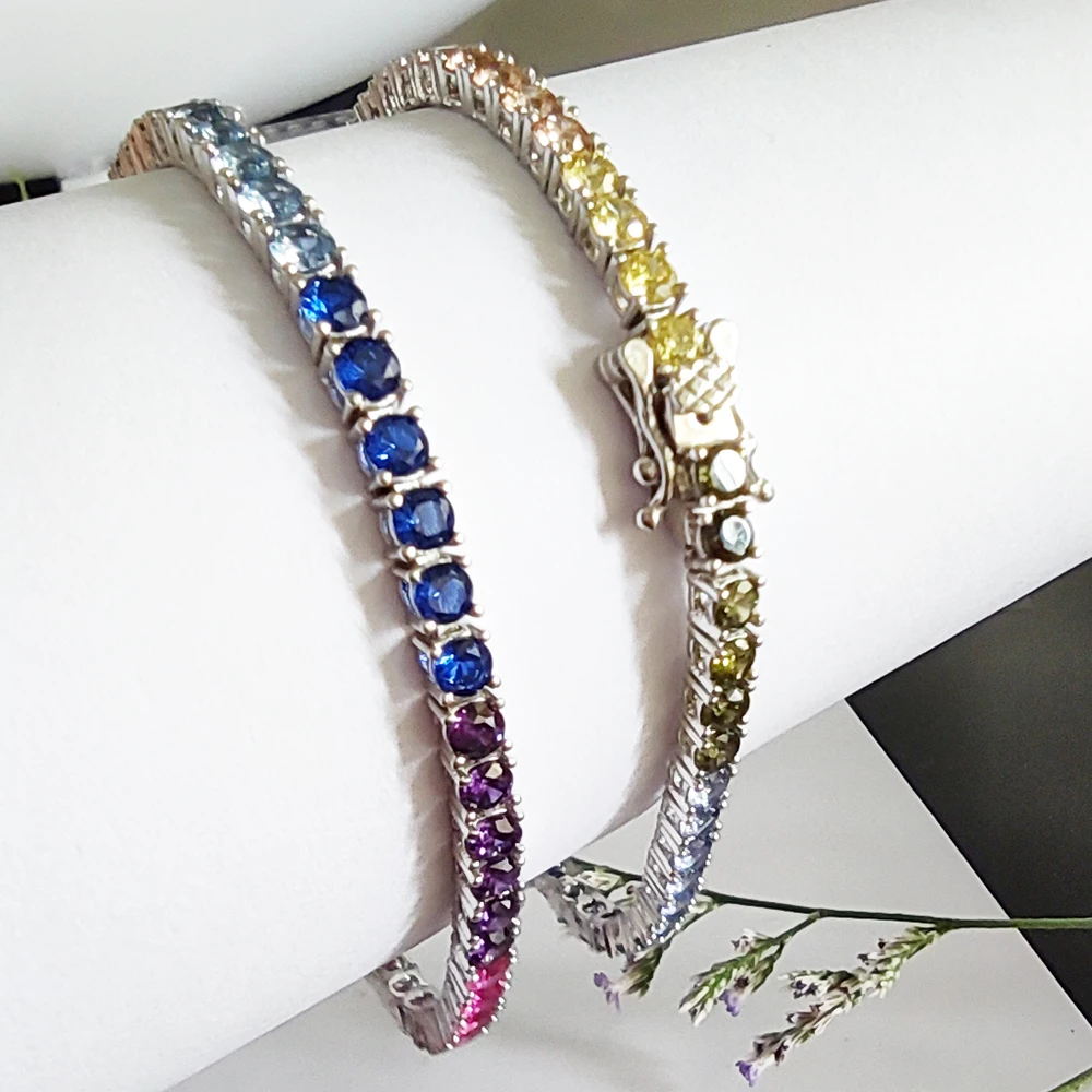 Solid Real 925 Silver 3 mm Rainbow Zircon Tennis Bracelet 15/16/17/18/19/20/21 cm Pretty Colorful Fine Jewelry Chain For Women