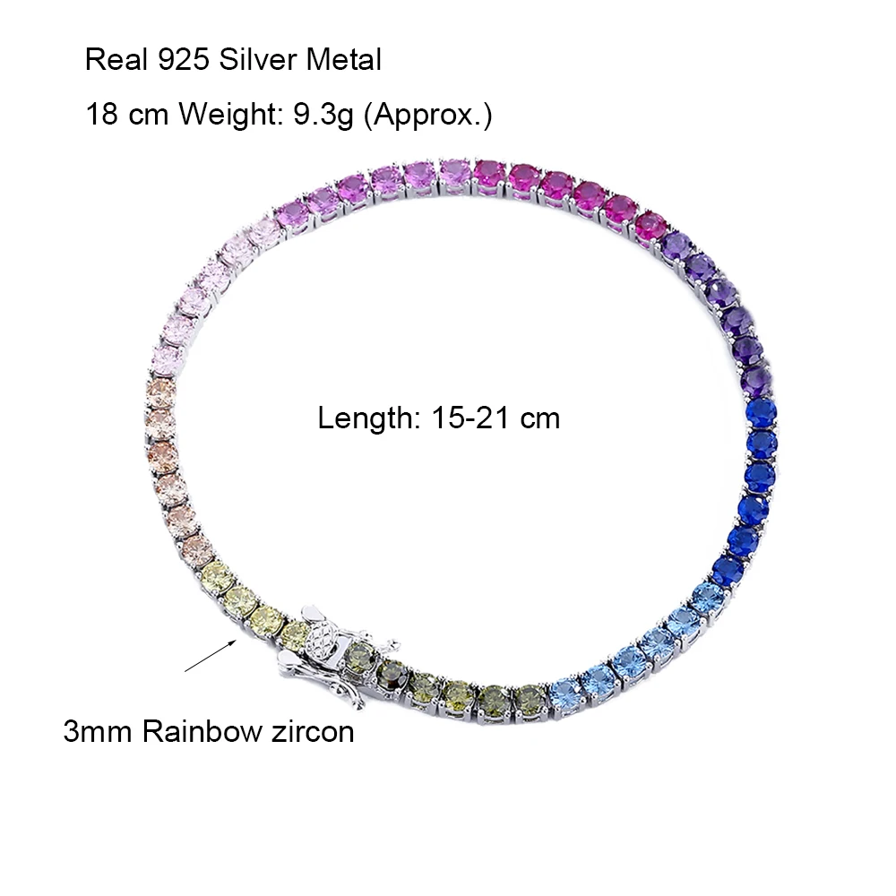 Solid Real 925 Silver 3 mm Rainbow Zircon Tennis Bracelet 15/16/17/18/19/20/21 cm Pretty Colorful Fine Jewelry Chain For Women