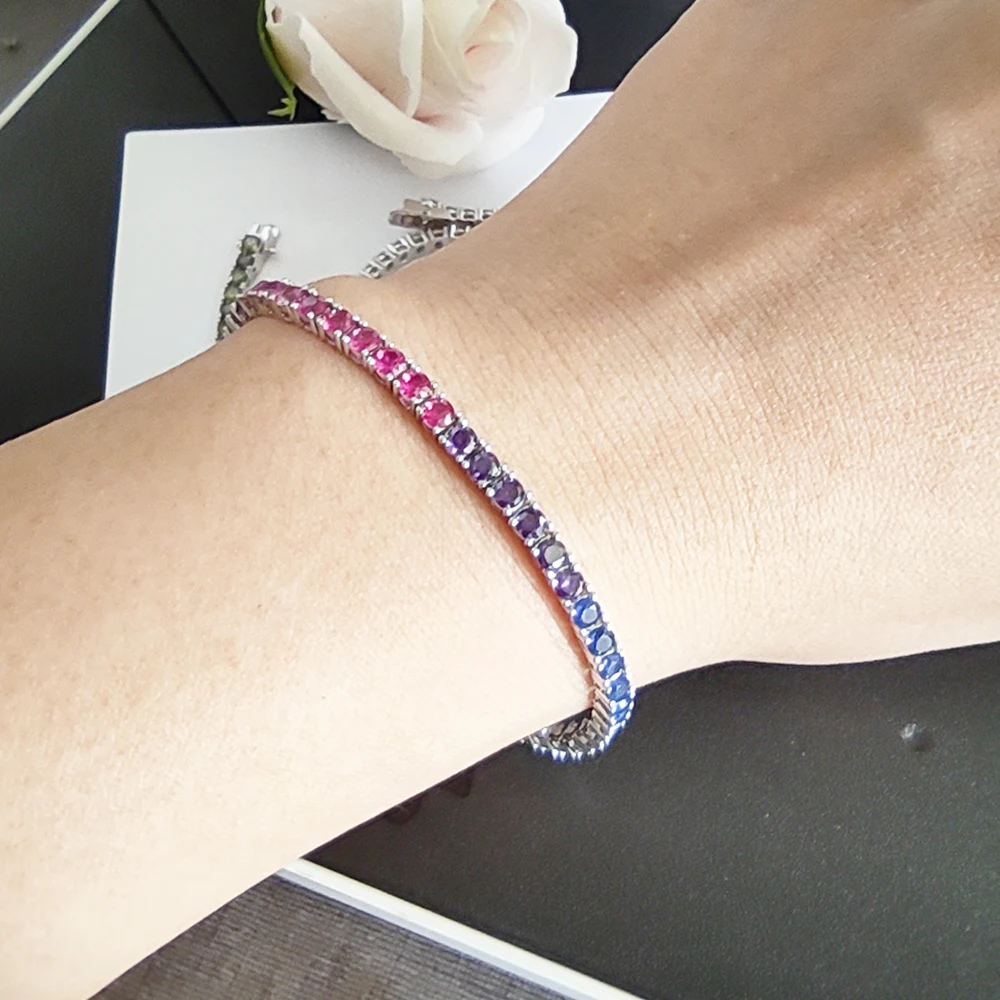 Solid Real 925 Silver 3 mm Rainbow Zircon Tennis Bracelet 15/16/17/18/19/20/21 cm Pretty Colorful Fine Jewelry Chain For Women