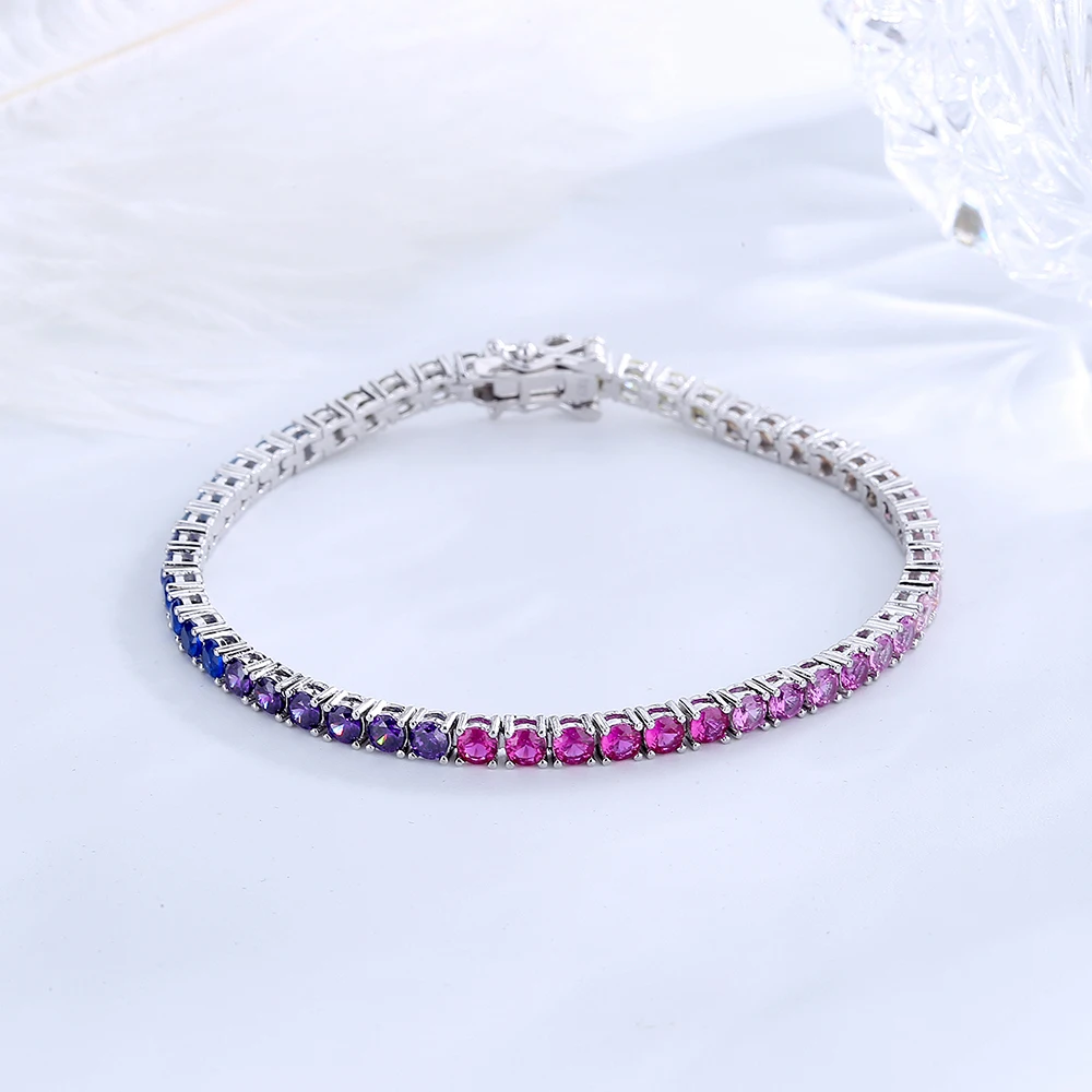 Solid Real 925 Silver 3 mm Rainbow Zircon Tennis Bracelet 15/16/17/18/19/20/21 cm Pretty Colorful Fine Jewelry Chain For Women