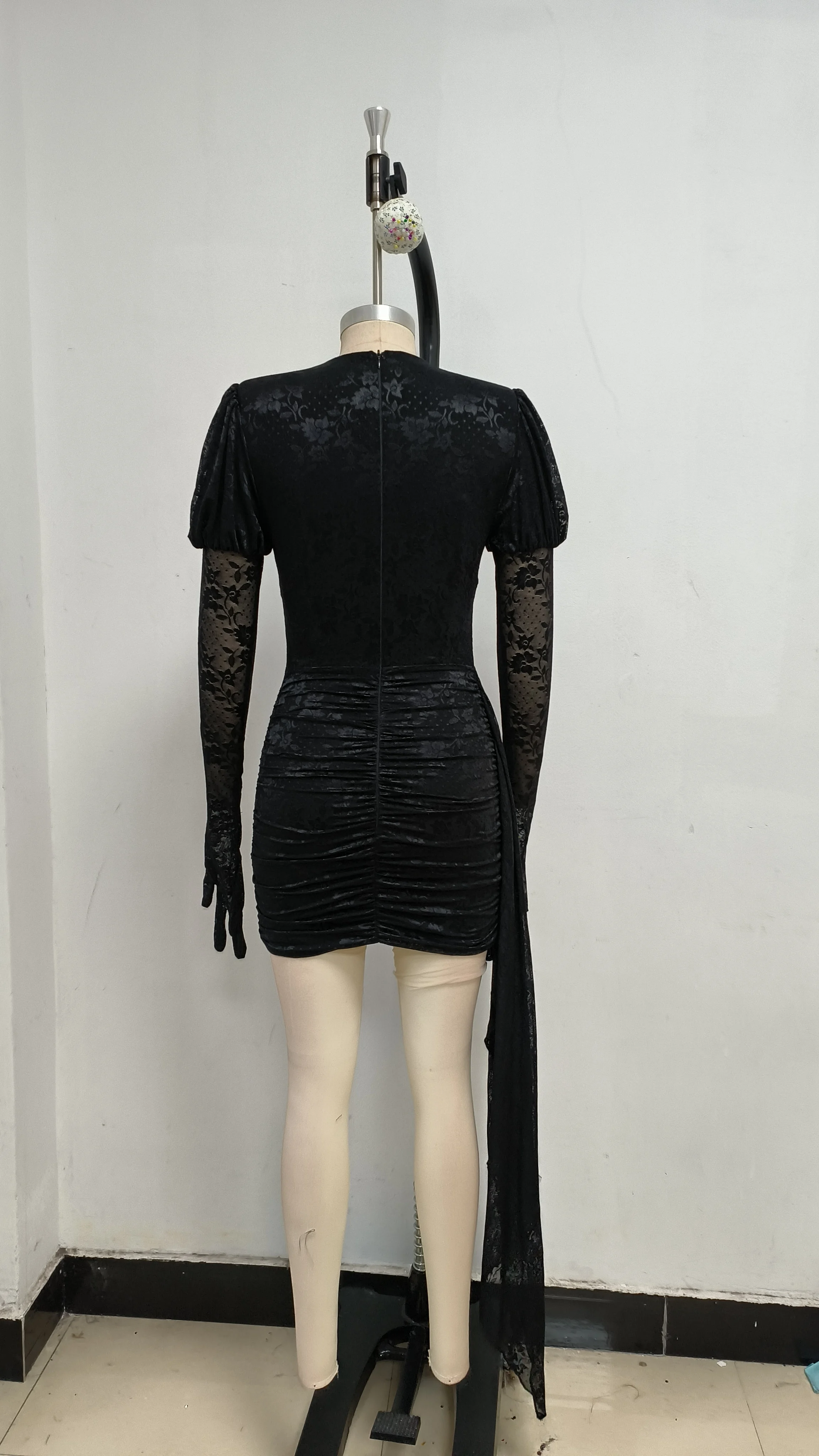 High Quality Red White Women Long Sleeve Sexy Lace Draped Bodycon Mini Dress Gloves Nightclub Party Celebrate Birthday Dress