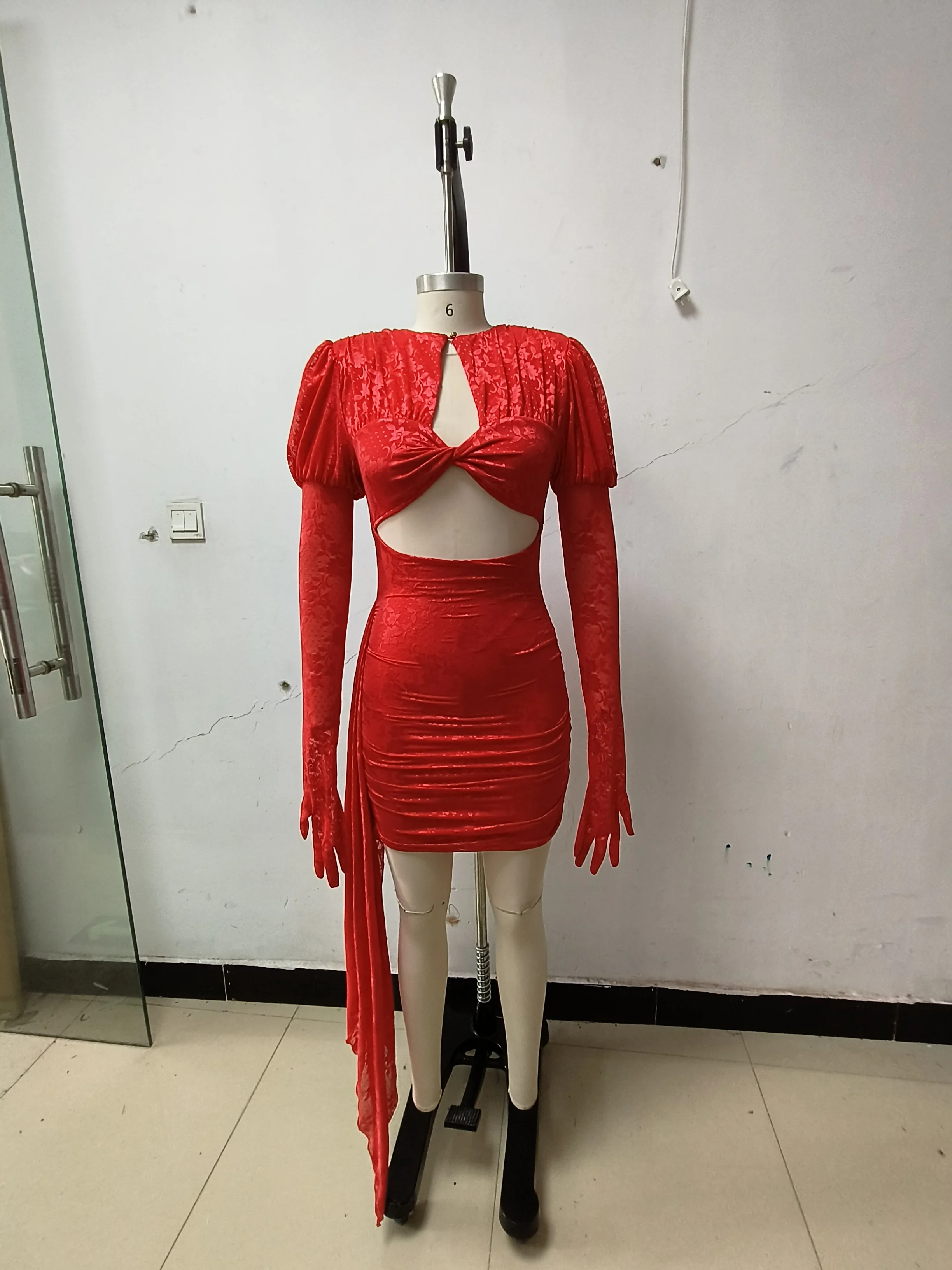 High Quality Red White Women Long Sleeve Sexy Lace Draped Bodycon Mini Dress Gloves Nightclub Party Celebrate Birthday Dress