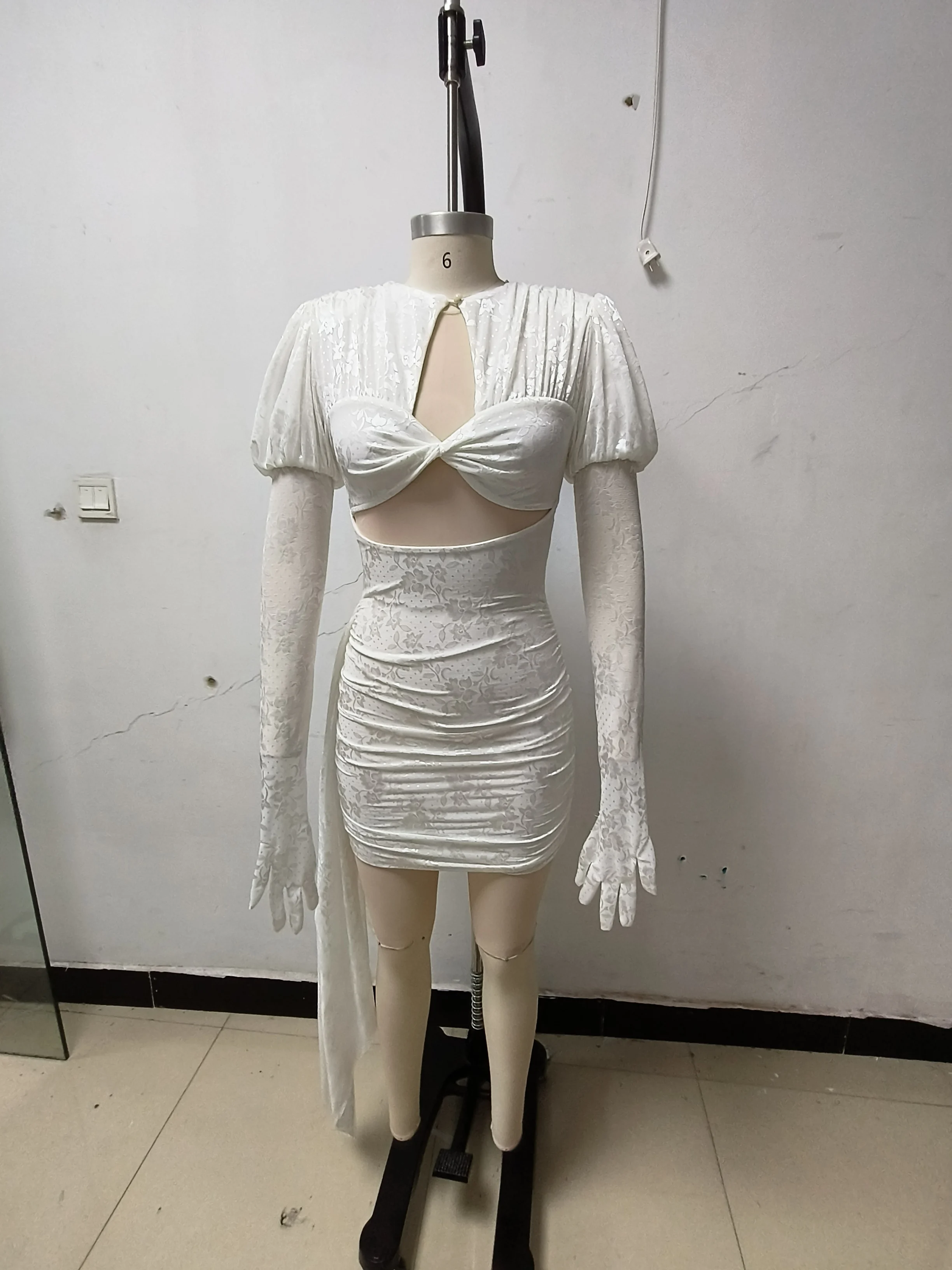 High Quality Red White Women Long Sleeve Sexy Lace Draped Bodycon Mini Dress Gloves Nightclub Party Celebrate Birthday Dress