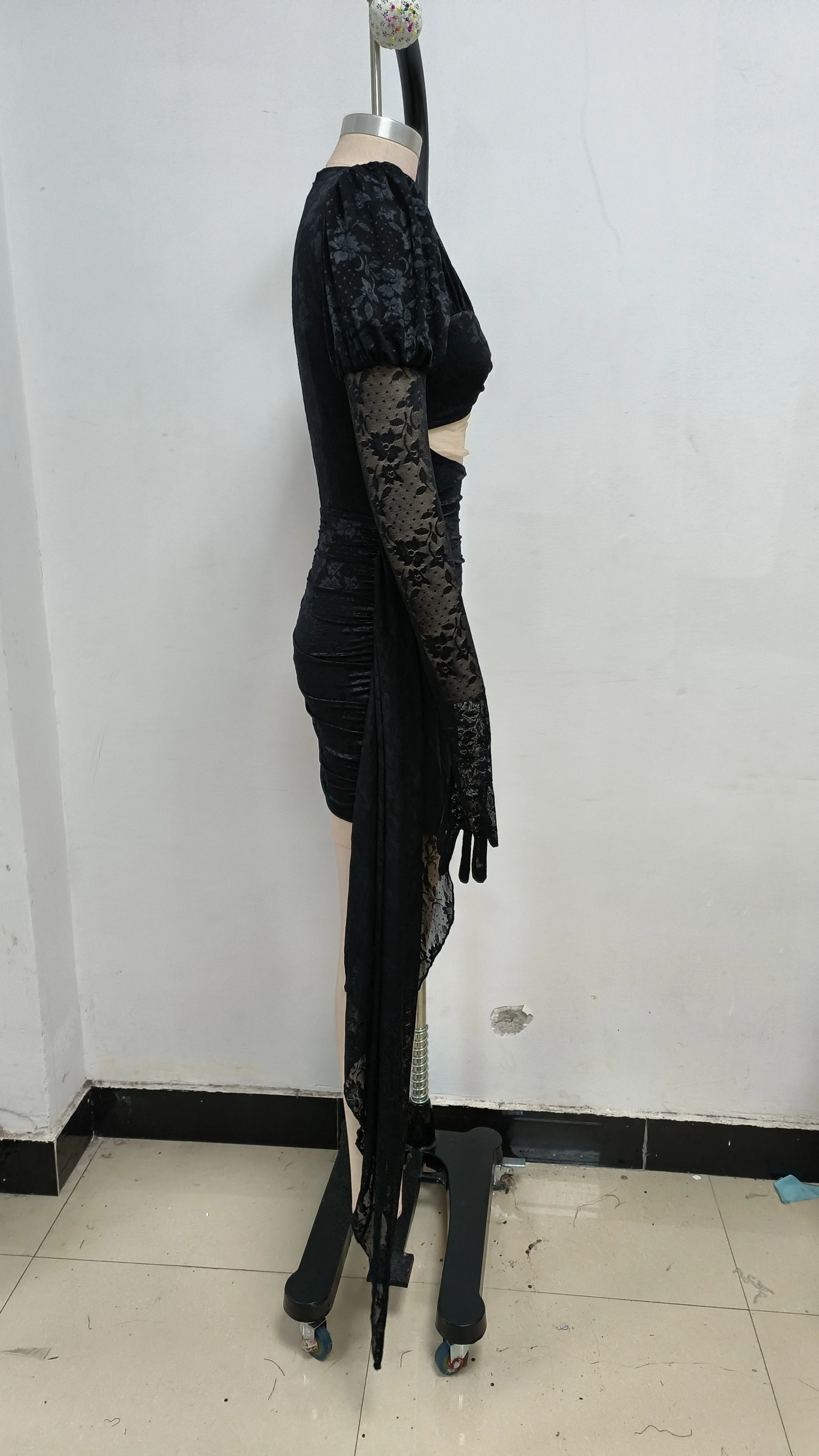 High Quality Red White Women Long Sleeve Sexy Lace Draped Bodycon Mini Dress Gloves Nightclub Party Celebrate Birthday Dress
