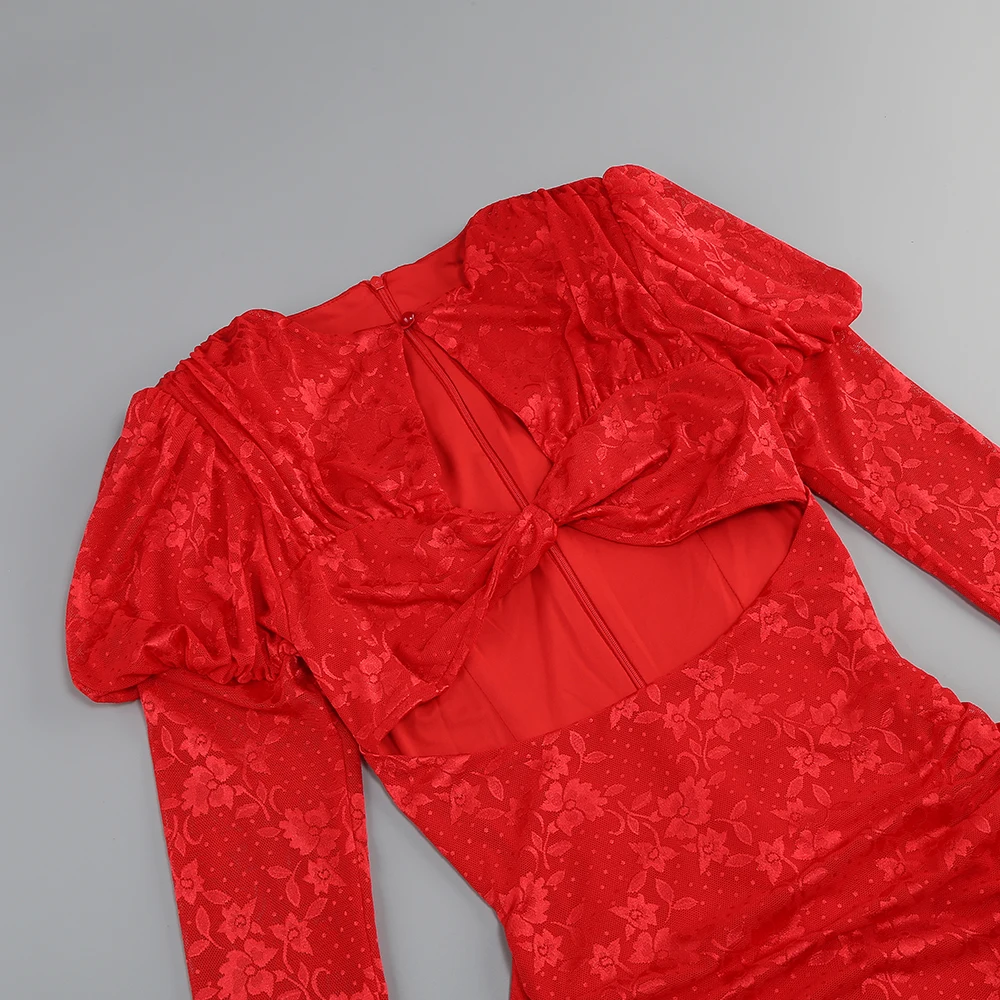 High Quality Red White Women Long Sleeve Sexy Lace Draped Bodycon Mini Dress Gloves Nightclub Party Celebrate Birthday Dress