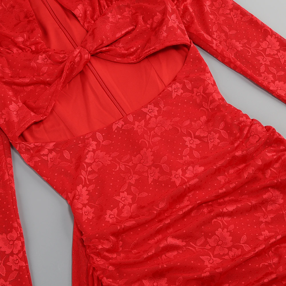 High Quality Red White Women Long Sleeve Sexy Lace Draped Bodycon Mini Dress Gloves Nightclub Party Celebrate Birthday Dress