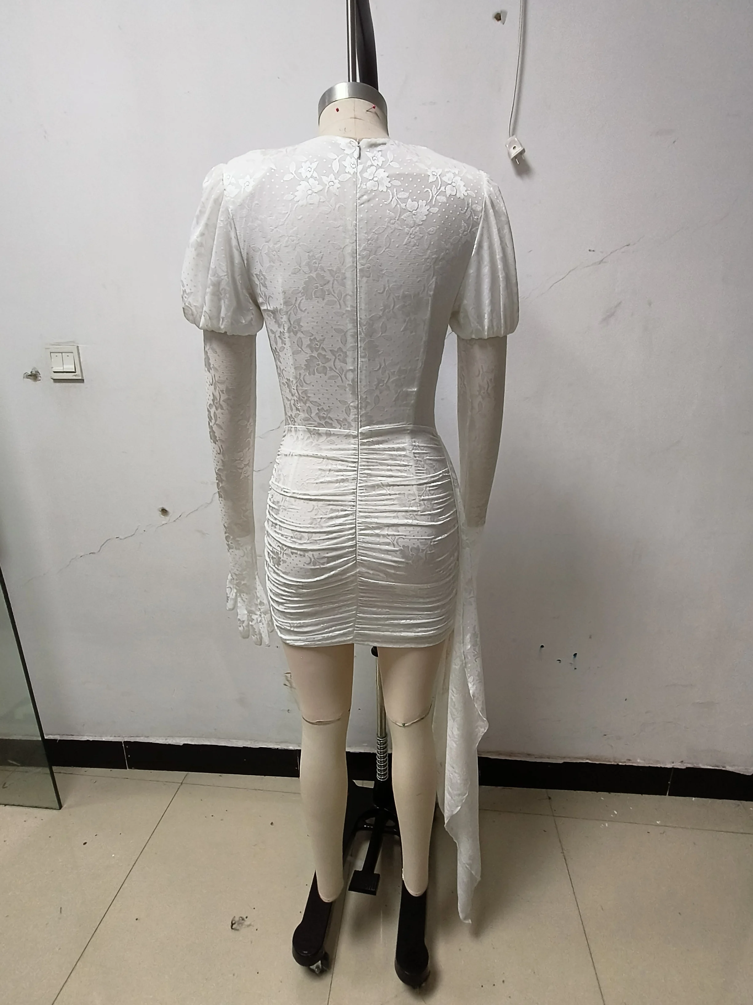 High Quality Red White Women Long Sleeve Sexy Lace Draped Bodycon Mini Dress Gloves Nightclub Party Celebrate Birthday Dress