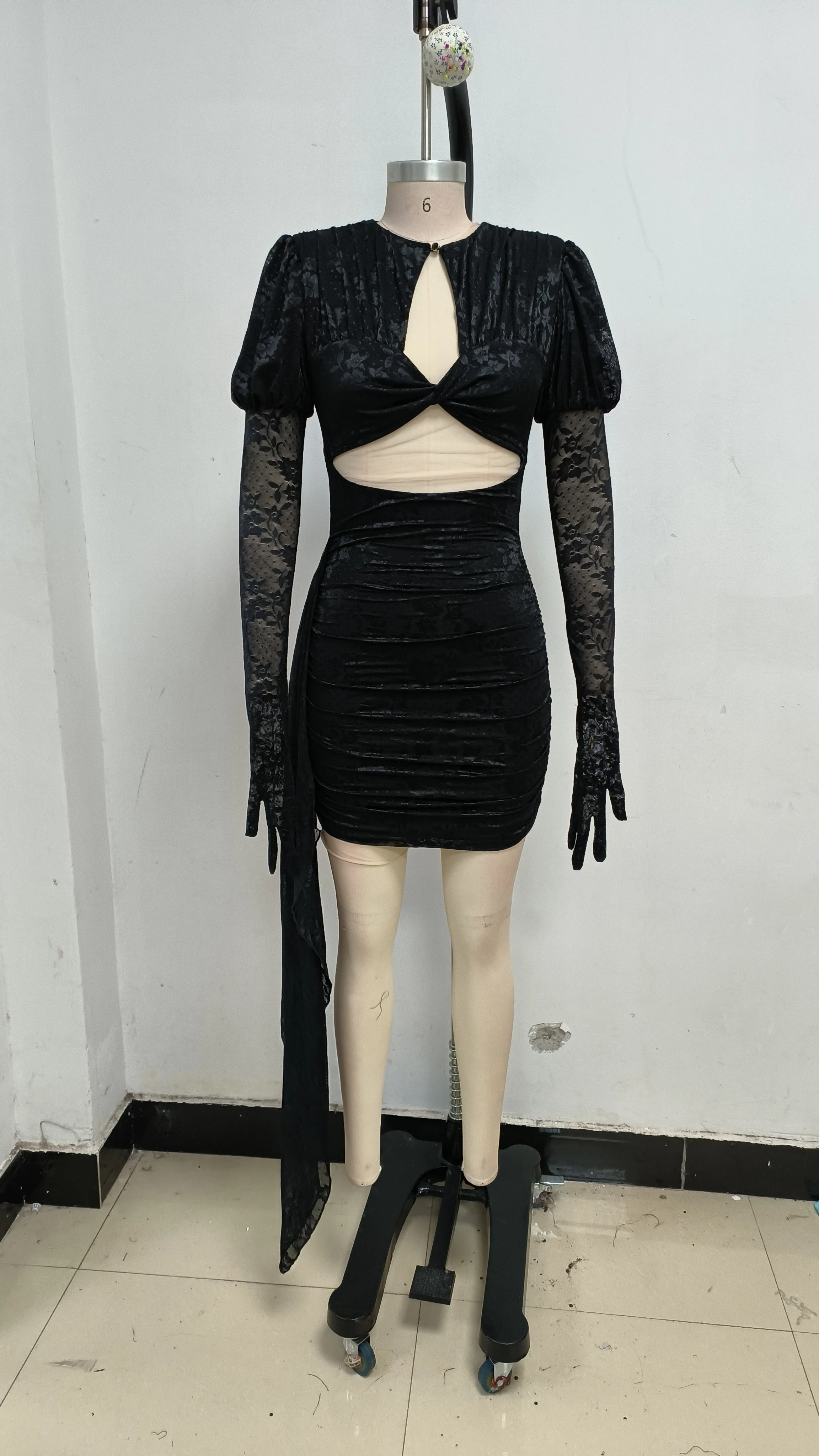 High Quality Red White Women Long Sleeve Sexy Lace Draped Bodycon Mini Dress Gloves Nightclub Party Celebrate Birthday Dress