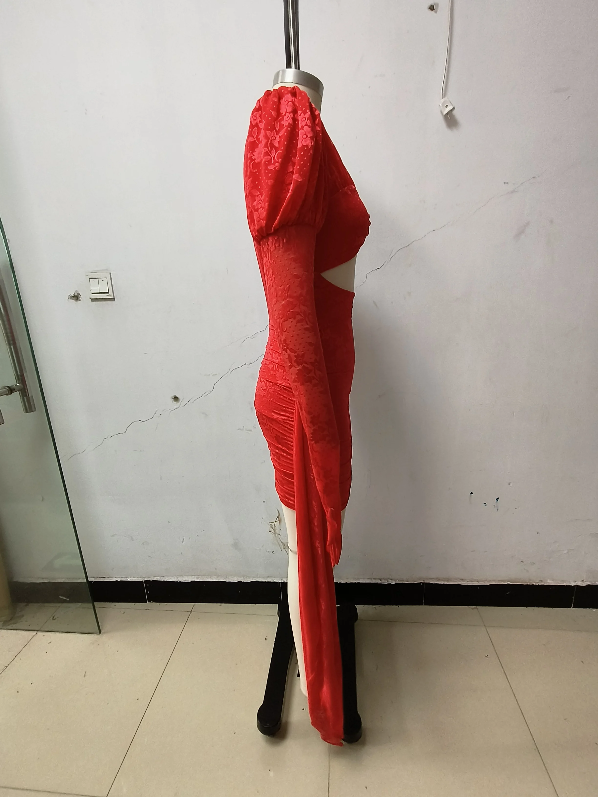 High Quality Red White Women Long Sleeve Sexy Lace Draped Bodycon Mini Dress Gloves Nightclub Party Celebrate Birthday Dress