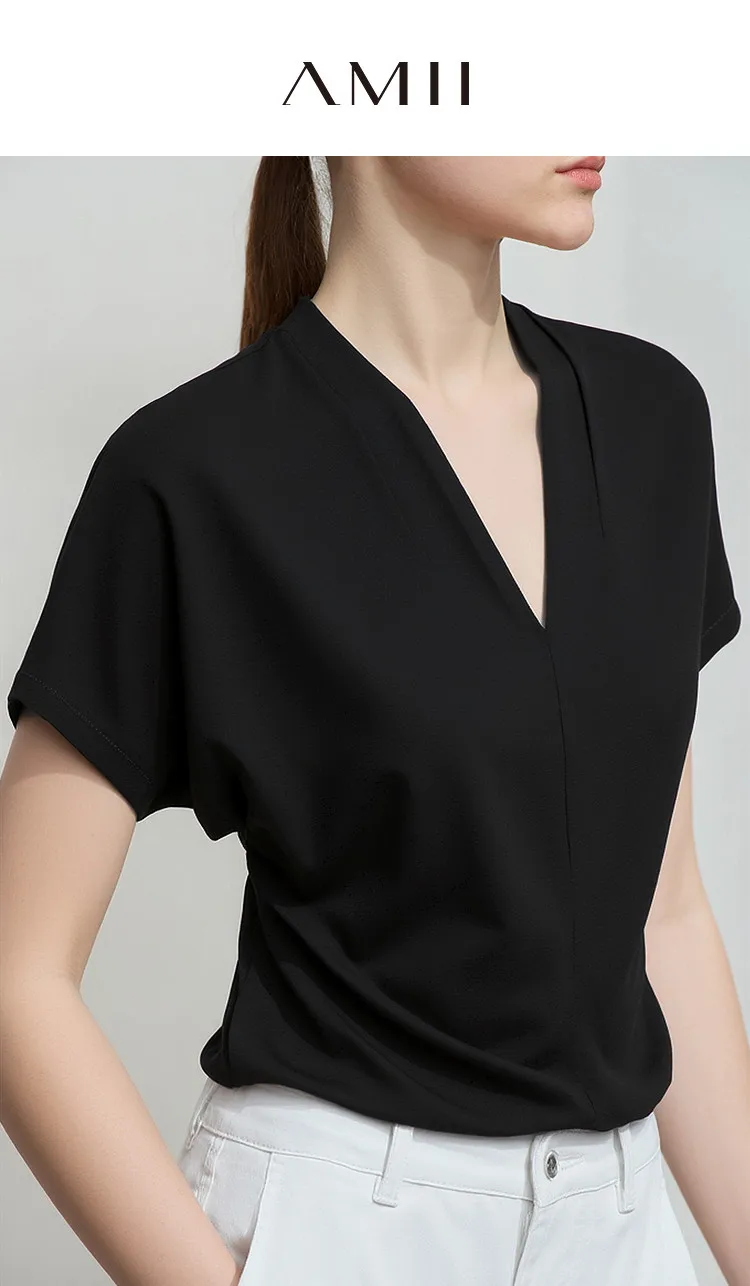 AMII Minimalism 2026 Summer Women's T-shirt Classic Style Casual V-neck Short Sleeve Solid Stretch Female Tops & Tees 12312013