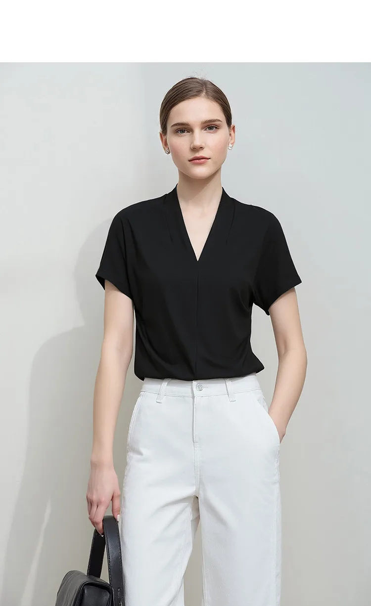AMII Minimalism 2026 Summer Women's T-shirt Classic Style Casual V-neck Short Sleeve Solid Stretch Female Tops & Tees 12312013