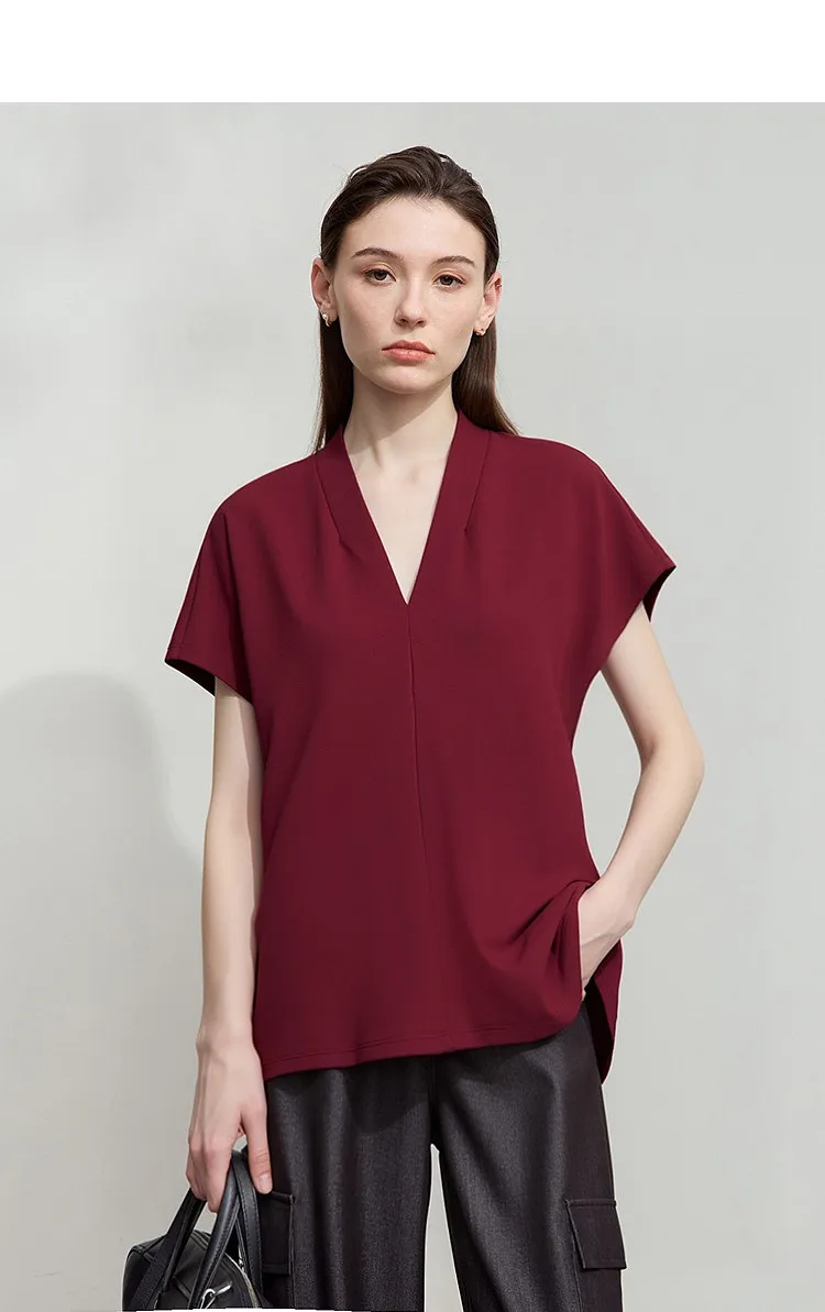 AMII Minimalism 2026 Summer Women's T-shirt Classic Style Casual V-neck Short Sleeve Solid Stretch Female Tops & Tees 12312013