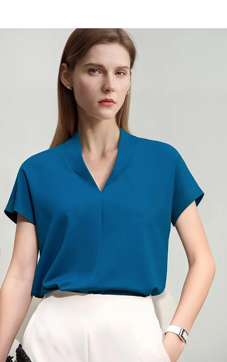 AMII Minimalism 2026 Summer Women's T-shirt Classic Style Casual V-neck Short Sleeve Solid Stretch Female Tops & Tees 12312013