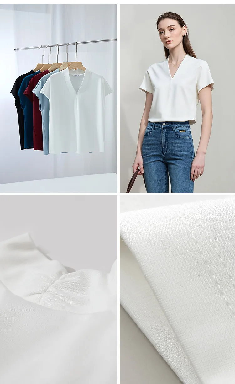 AMII Minimalism 2026 Summer Women's T-shirt Classic Style Casual V-neck Short Sleeve Solid Stretch Female Tops & Tees 12312013