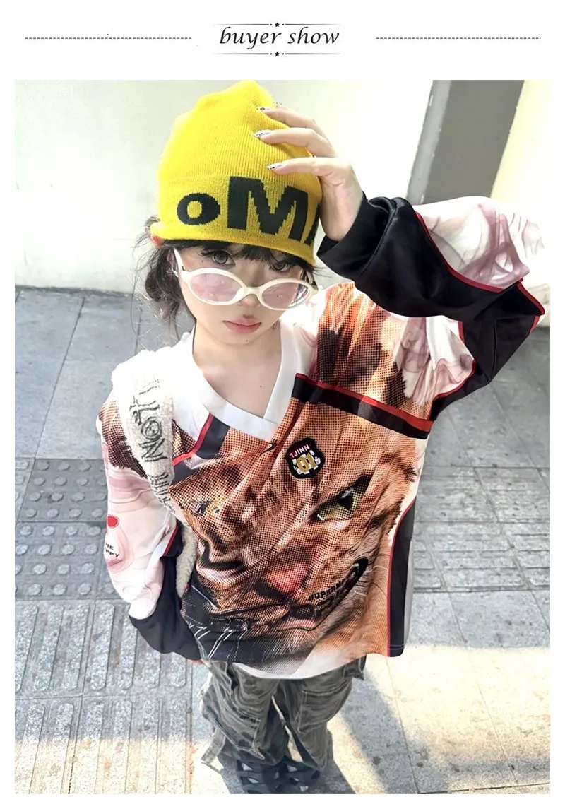 Karrram Japanese Y2k Kitten Print Jersey T-shirt Vintage Harajuku V-neck Long Sleeve Cat Tops American Retro Streetwear 2000s