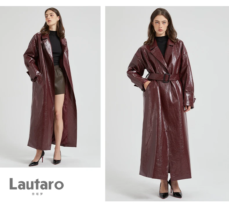 Lautaro Spring Autumn Extra Long Burgundy Pu Leather Trench Coat for Women with Belt Elegant Luxury Designer Maxi Overcoat 2024