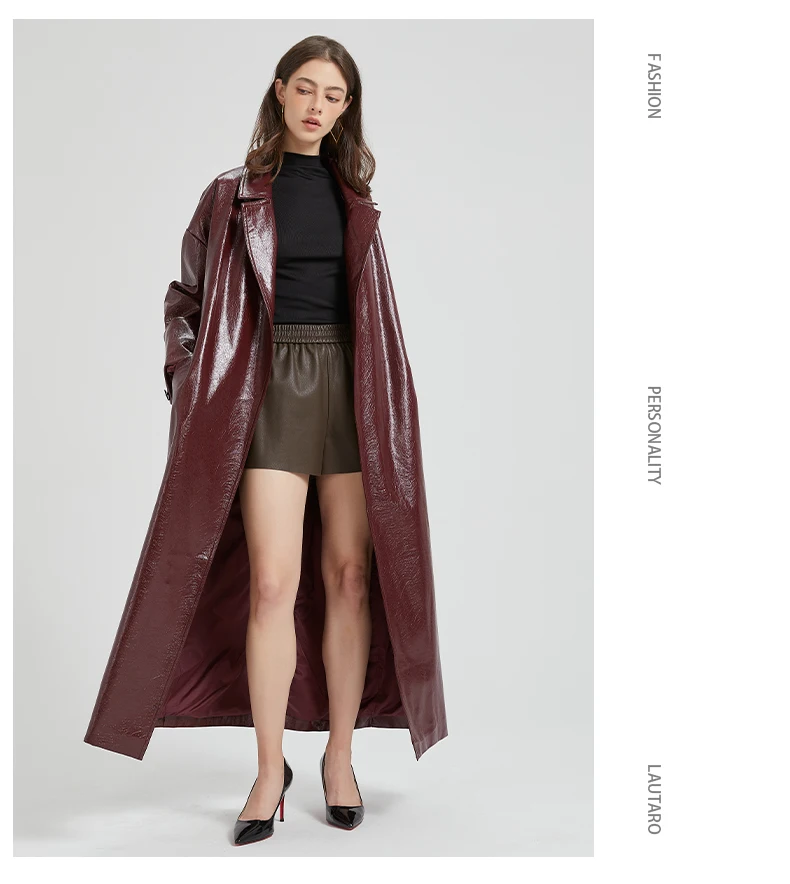 Lautaro Spring Autumn Extra Long Burgundy Pu Leather Trench Coat for Women with Belt Elegant Luxury Designer Maxi Overcoat 2024