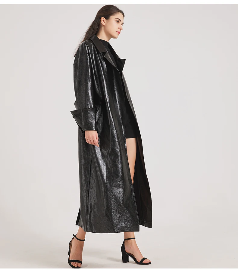 Lautaro Spring Autumn Extra Long Burgundy Pu Leather Trench Coat for Women with Belt Elegant Luxury Designer Maxi Overcoat 2024