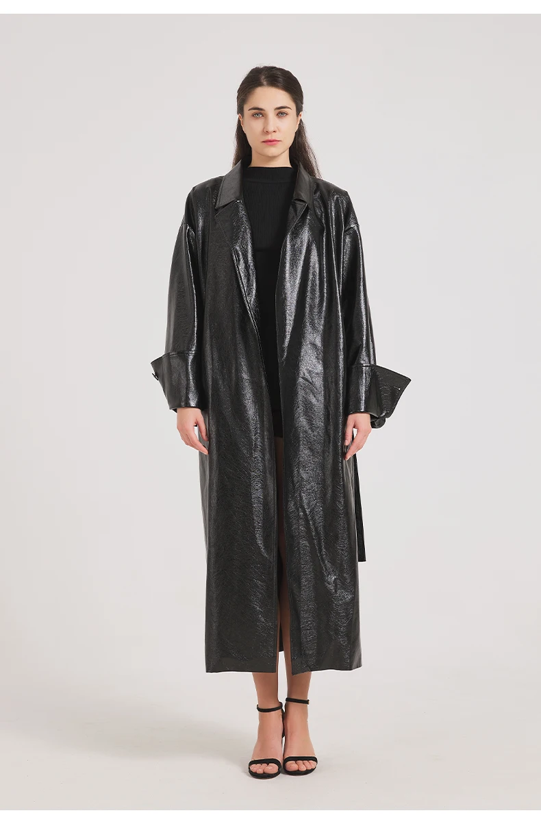Lautaro Spring Autumn Extra Long Burgundy Pu Leather Trench Coat for Women with Belt Elegant Luxury Designer Maxi Overcoat 2024