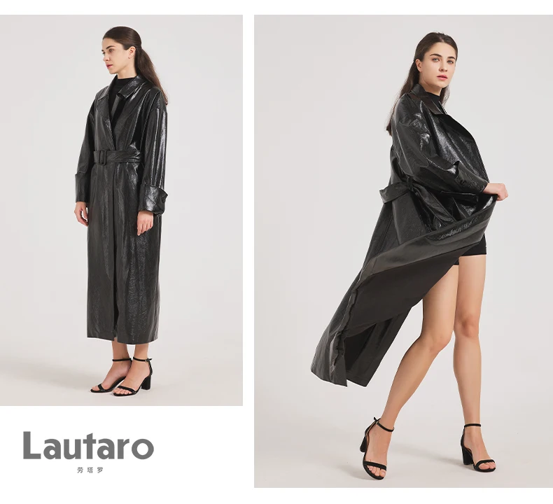 Lautaro Spring Autumn Extra Long Burgundy Pu Leather Trench Coat for Women with Belt Elegant Luxury Designer Maxi Overcoat 2024