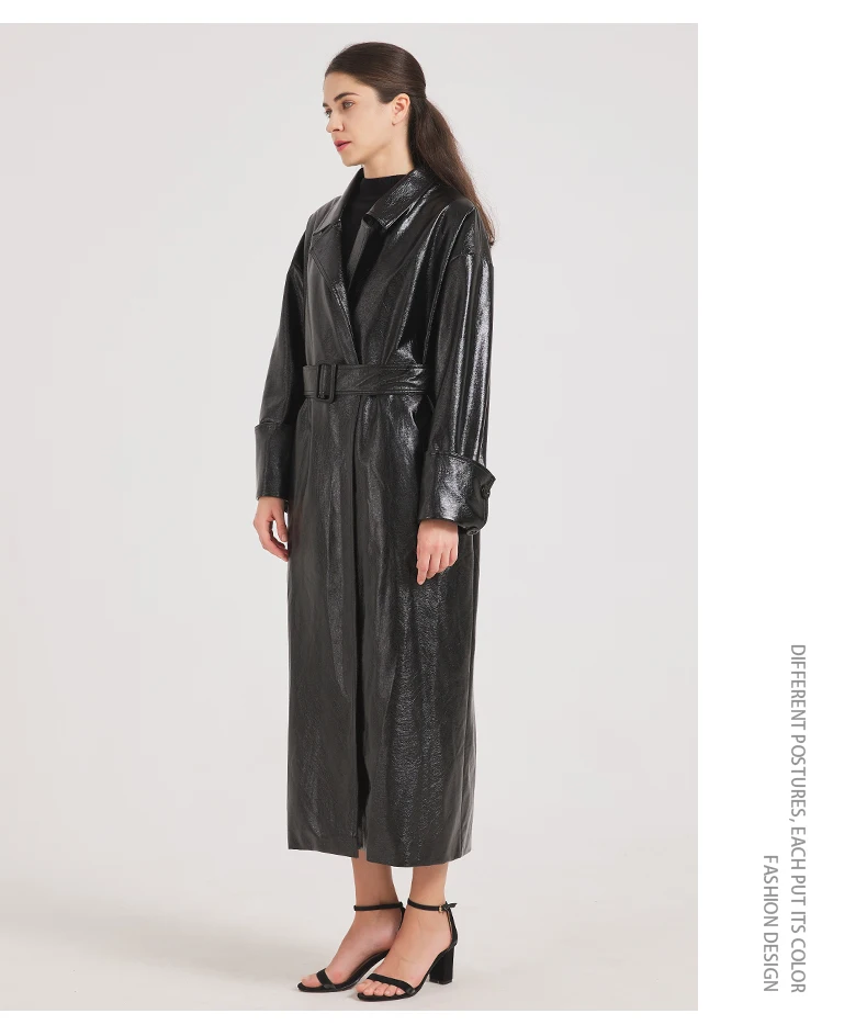 Lautaro Spring Autumn Extra Long Burgundy Pu Leather Trench Coat for Women with Belt Elegant Luxury Designer Maxi Overcoat 2024