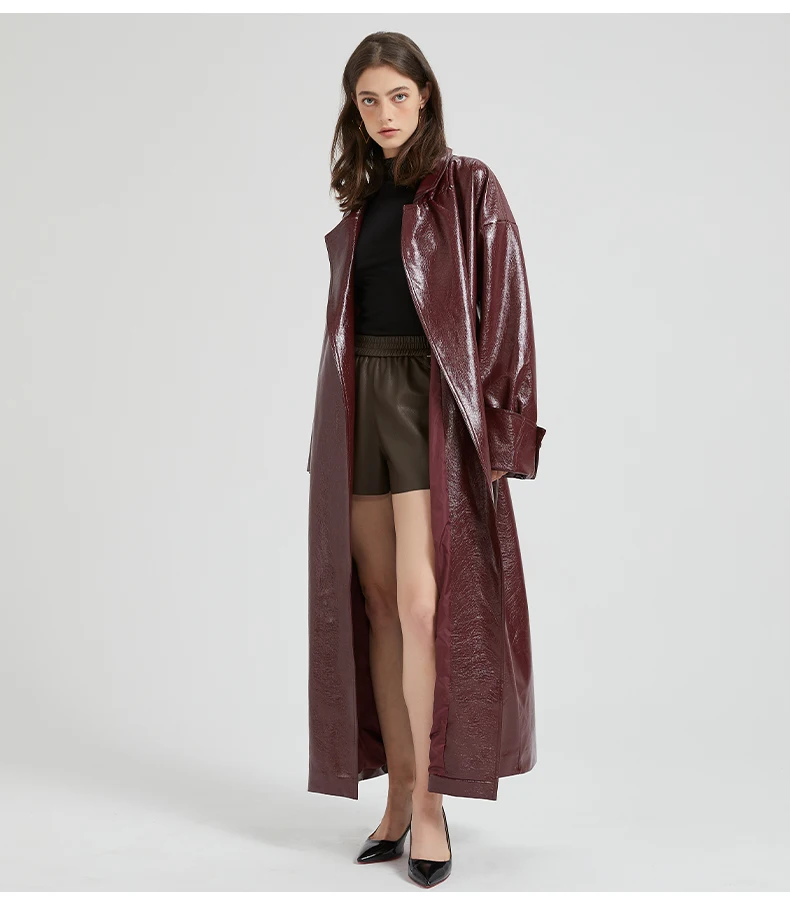Lautaro Spring Autumn Extra Long Burgundy Pu Leather Trench Coat for Women with Belt Elegant Luxury Designer Maxi Overcoat 2024