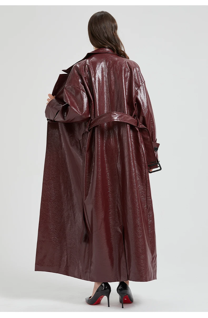 Lautaro Spring Autumn Extra Long Burgundy Pu Leather Trench Coat for Women with Belt Elegant Luxury Designer Maxi Overcoat 2024