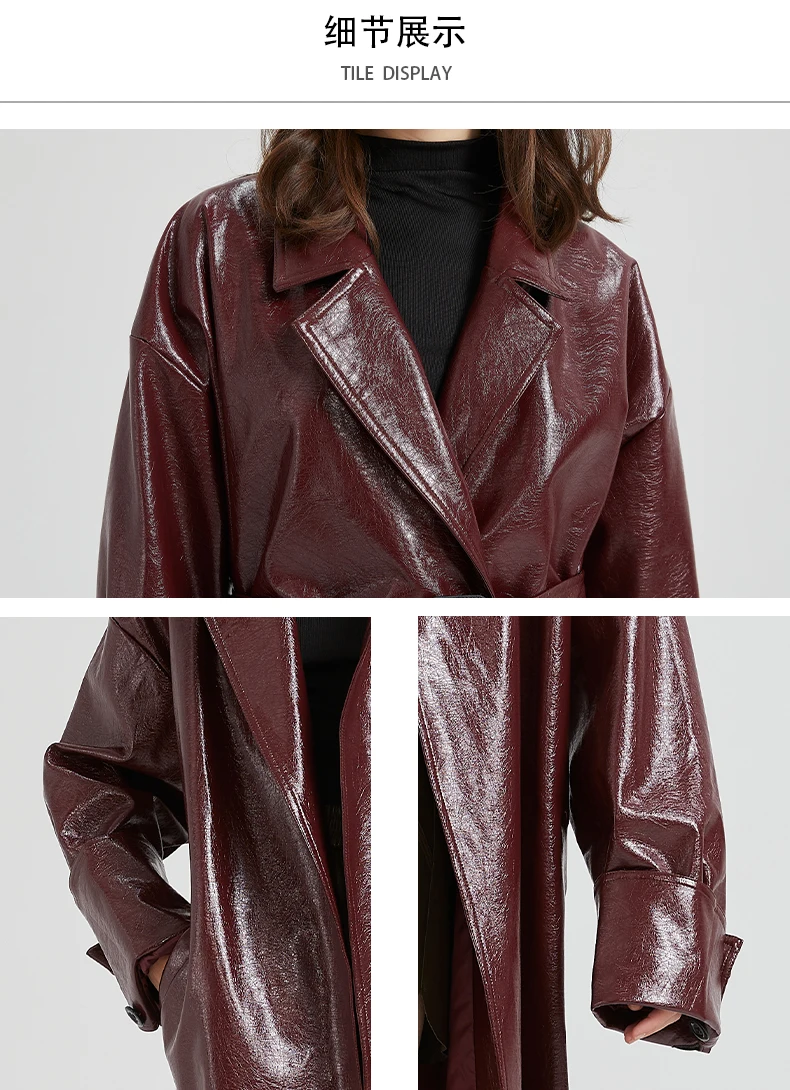 Lautaro Spring Autumn Extra Long Burgundy Pu Leather Trench Coat for Women with Belt Elegant Luxury Designer Maxi Overcoat 2024