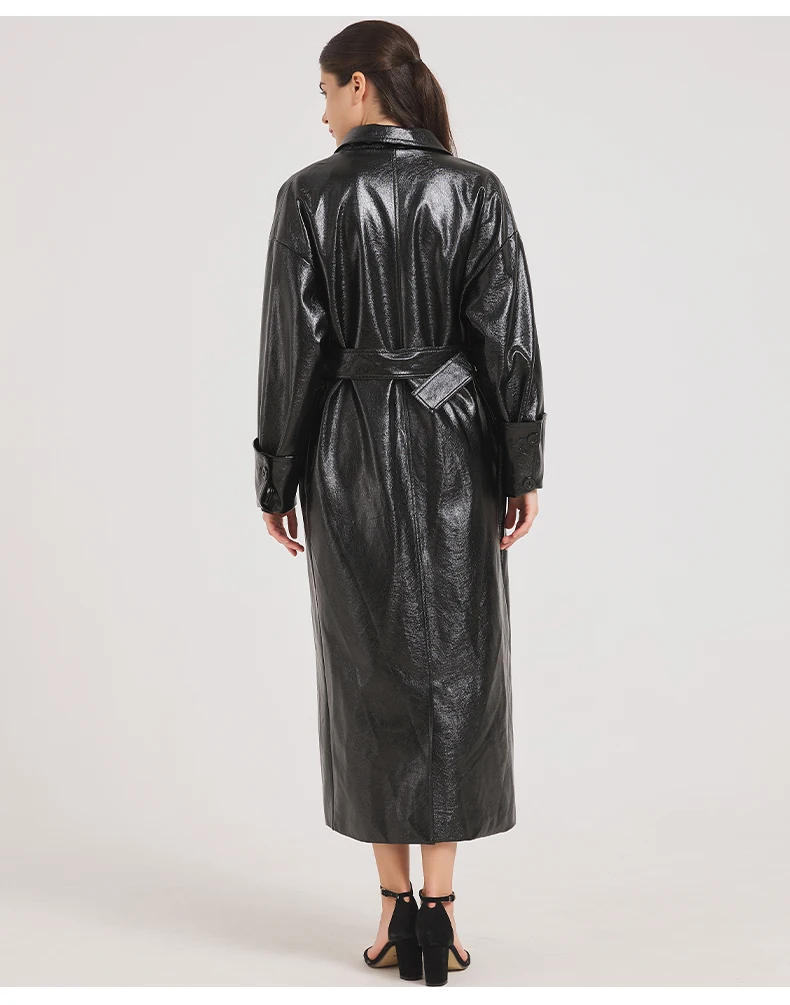 Lautaro Spring Autumn Extra Long Burgundy Pu Leather Trench Coat for Women with Belt Elegant Luxury Designer Maxi Overcoat 2024