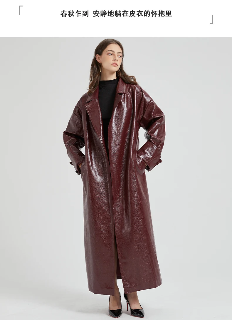 Lautaro Spring Autumn Extra Long Burgundy Pu Leather Trench Coat for Women with Belt Elegant Luxury Designer Maxi Overcoat 2024