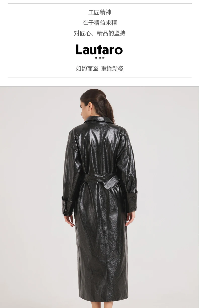 Lautaro Spring Autumn Extra Long Burgundy Pu Leather Trench Coat for Women with Belt Elegant Luxury Designer Maxi Overcoat 2024