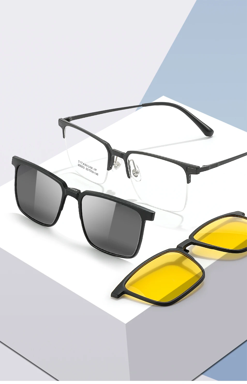 3 In 1 Men Fashion Pure Titanium Glasses Frame With Polarized Clip On Sunglasses And Night Vision Women Eyewear