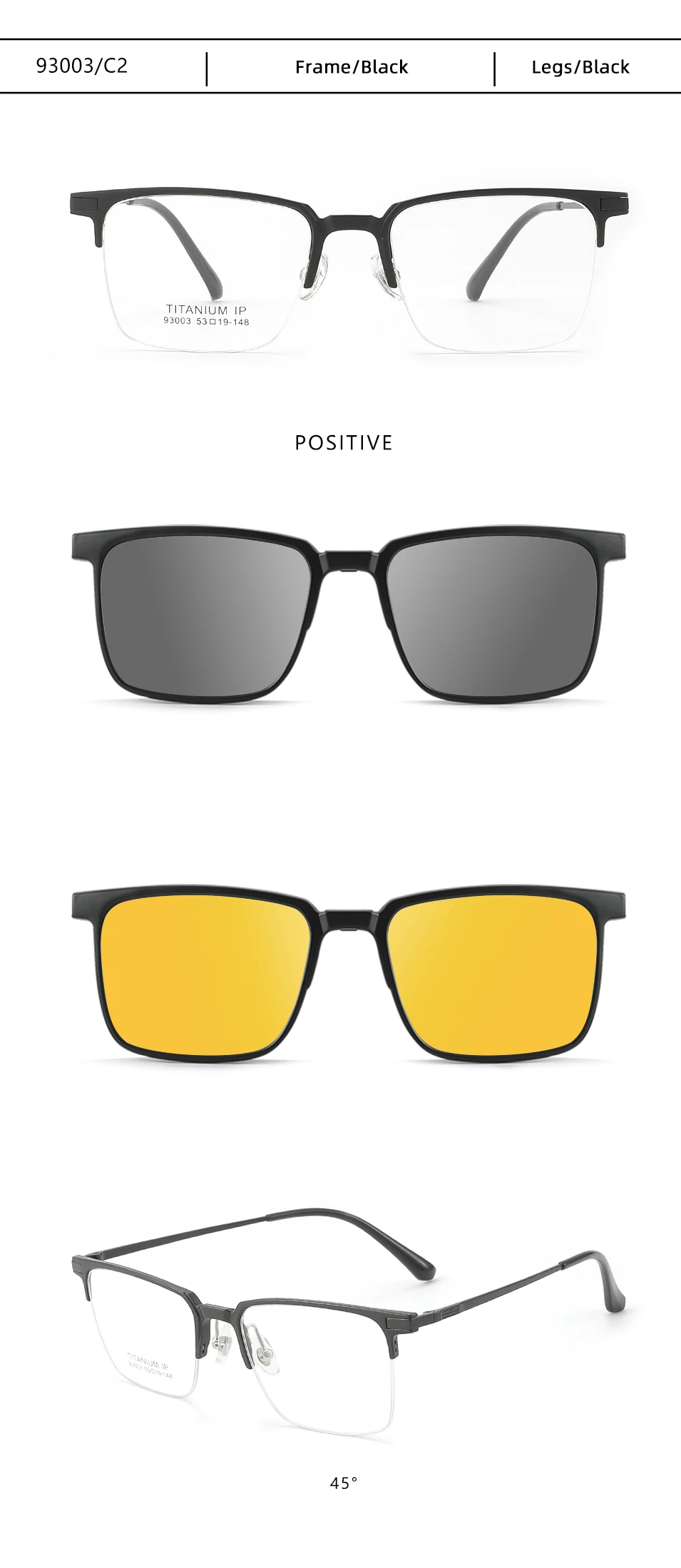 3 In 1 Men Fashion Pure Titanium Glasses Frame With Polarized Clip On Sunglasses And Night Vision Women Eyewear