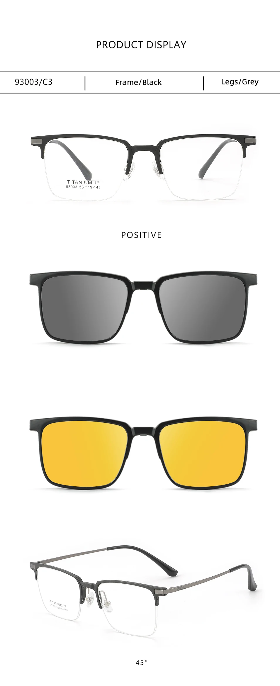 3 In 1 Men Fashion Pure Titanium Glasses Frame With Polarized Clip On Sunglasses And Night Vision Women Eyewear