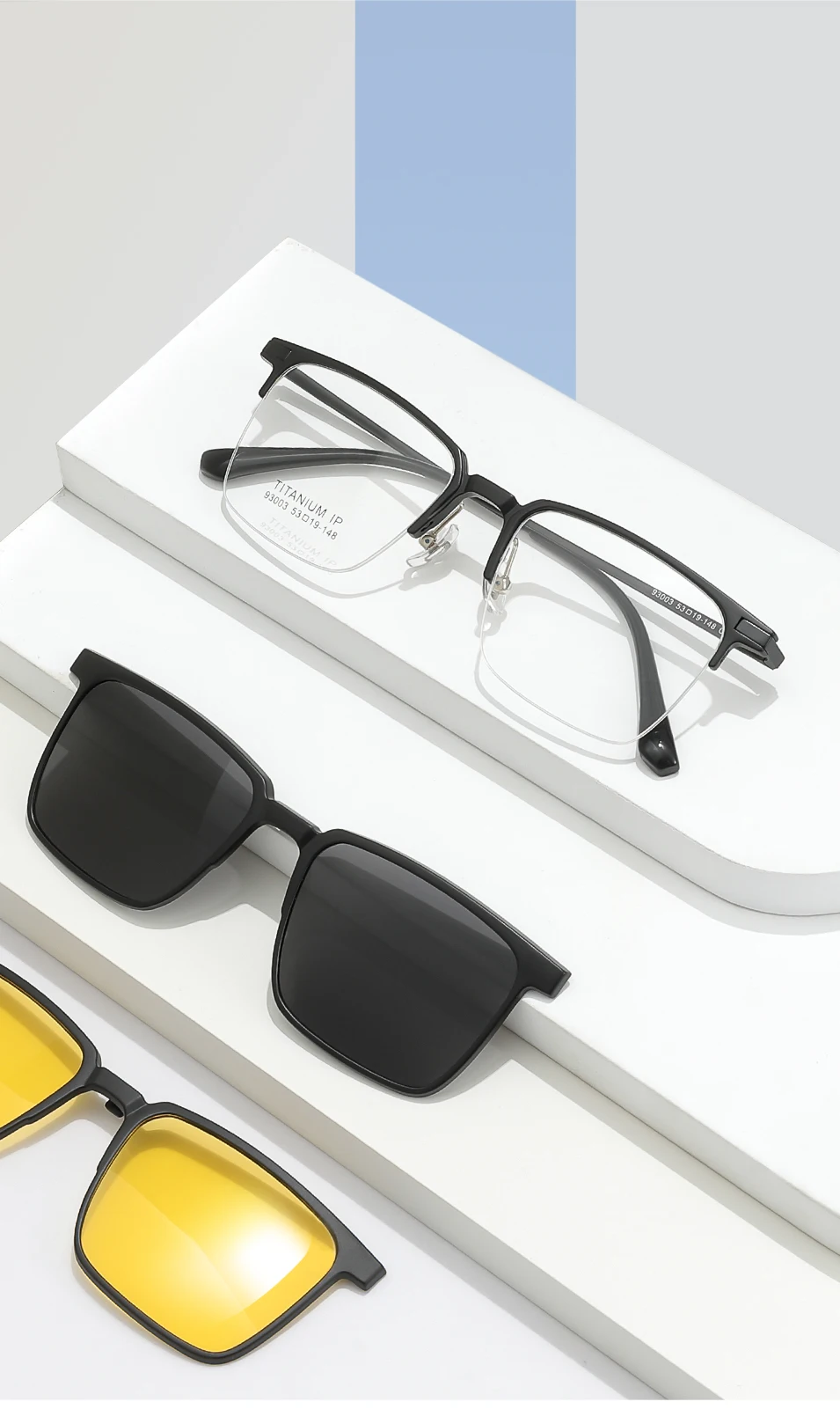 3 In 1 Men Fashion Pure Titanium Glasses Frame With Polarized Clip On Sunglasses And Night Vision Women Eyewear