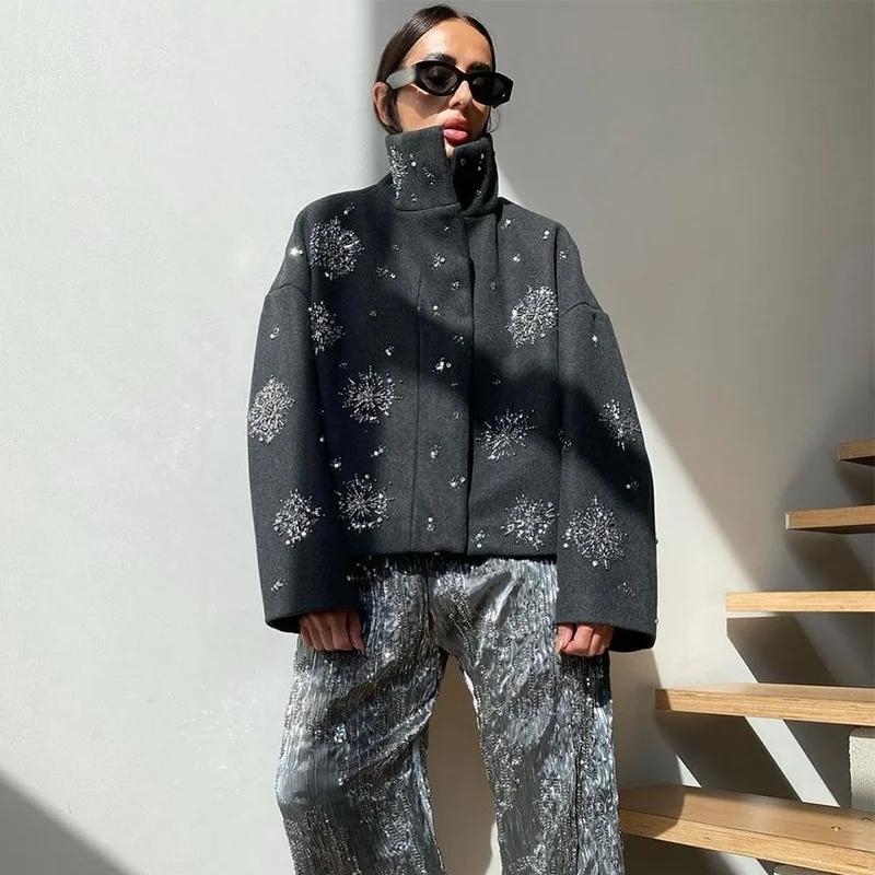 Casual Embroidery Beading Loose Women Coat Lapel Collar Bat Sleeve Solid Wool Blend Jacket 2025 New Lady Luxury Spring Outerwear