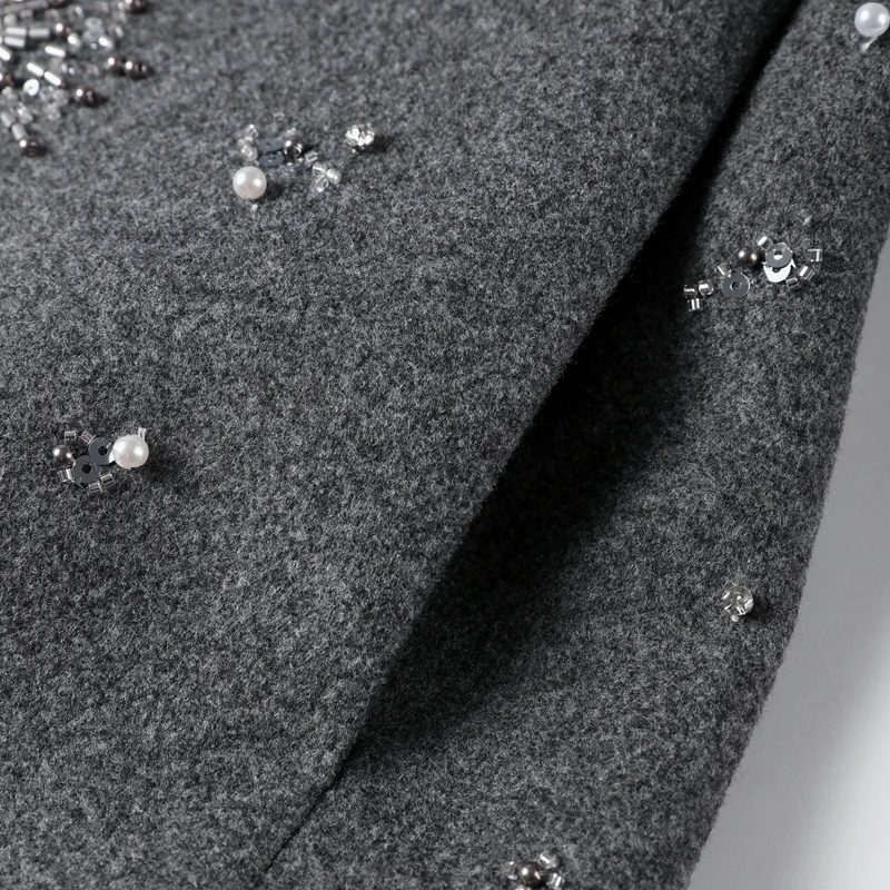 Casual Embroidery Beading Loose Women Coat Lapel Collar Bat Sleeve Solid Wool Blend Jacket 2025 New Lady Luxury Spring Outerwear
