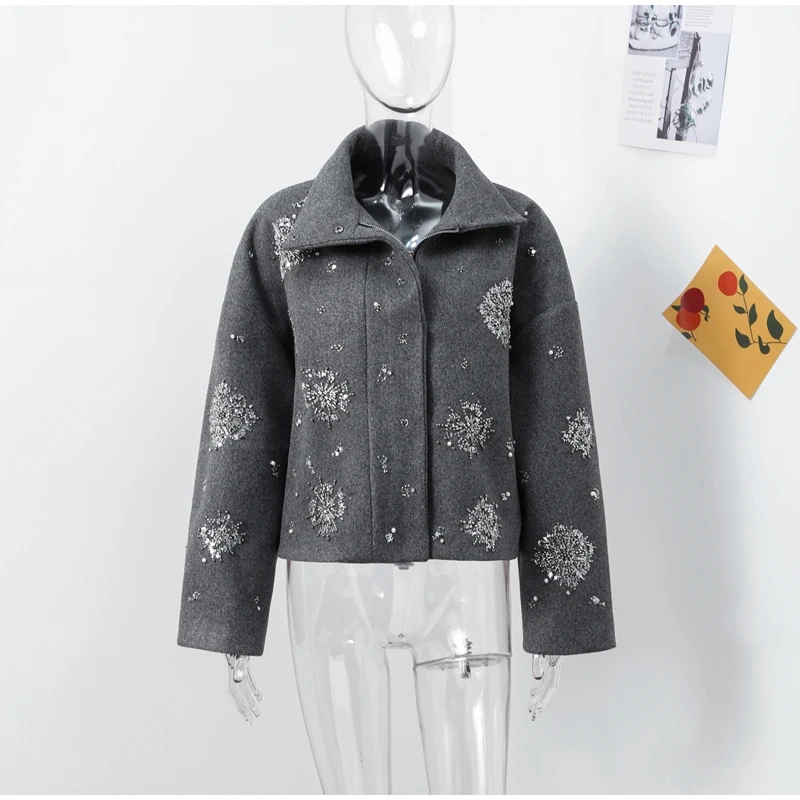 Casual Embroidery Beading Loose Women Coat Lapel Collar Bat Sleeve Solid Wool Blend Jacket 2025 New Lady Luxury Spring Outerwear