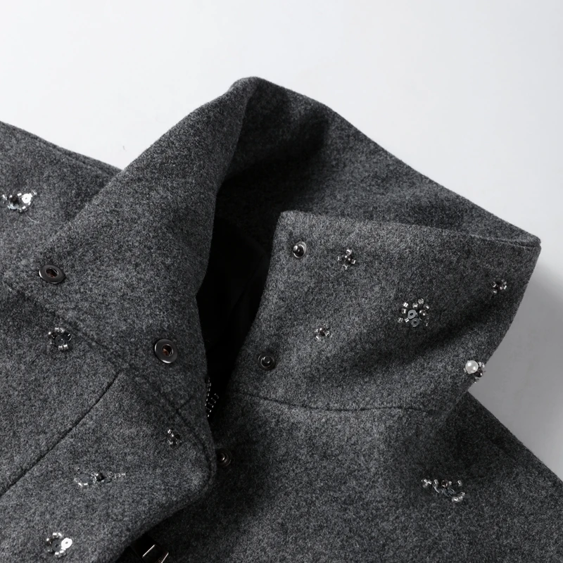 Casual Embroidery Beading Loose Women Coat Lapel Collar Bat Sleeve Solid Wool Blend Jacket 2025 New Lady Luxury Spring Outerwear