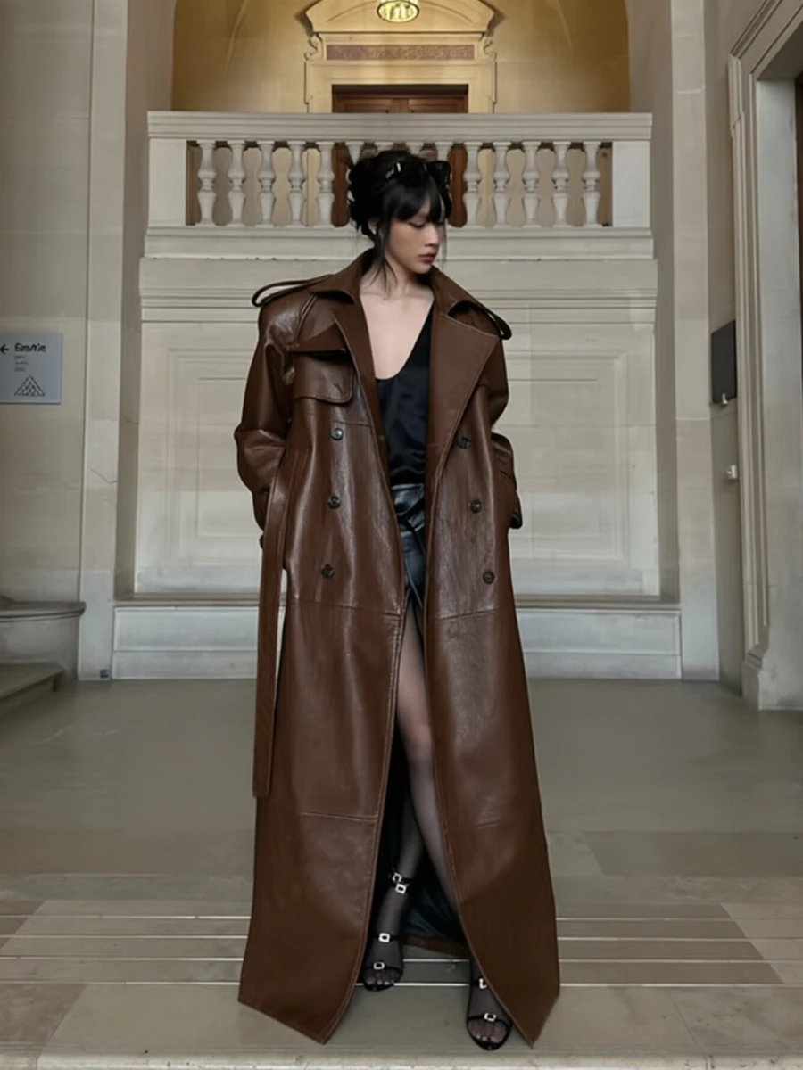 Lautaro Spring Autumn Extra Long Black Pu Leather Trench Coat for Women with Back High Slit Luxury Chic European Fashion 2024