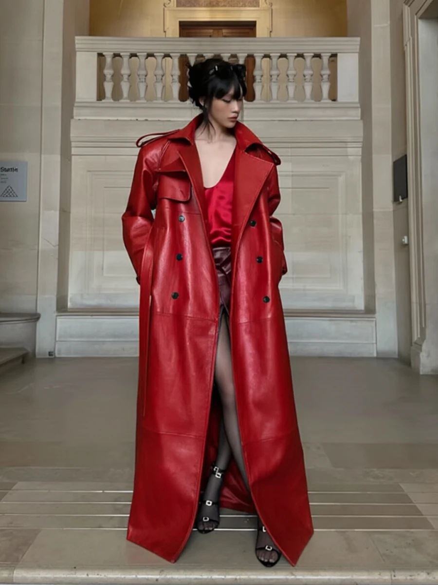 Lautaro Spring Autumn Extra Long Black Pu Leather Trench Coat for Women with Back High Slit Luxury Chic European Fashion 2024