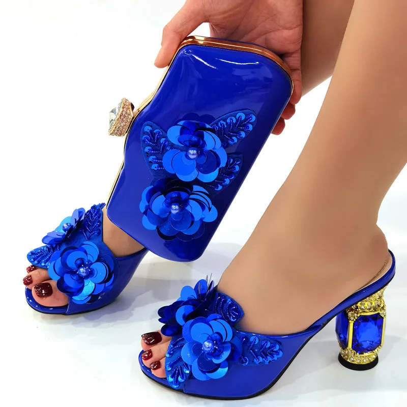 Royal Blue Color Matching Women Shoe and Bag Decorated with Rhinestone African Shoe and Bag Set for Party In Women Italy Shoes