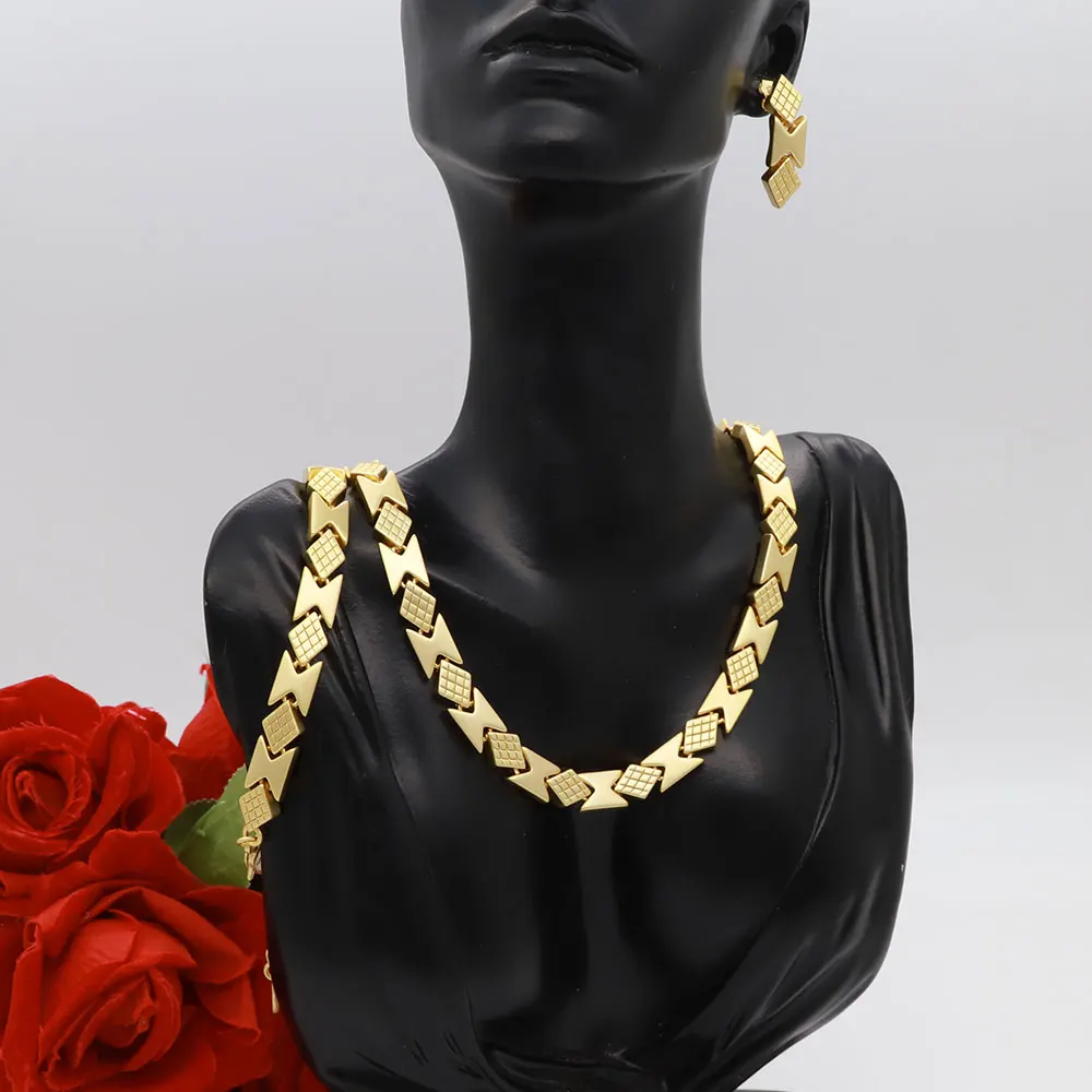 High Grade African Jewelry Women Necklace Bracelet Moderate Size Copper Earring Neck Chain 45CM Hip Hop Wholesale Accessories