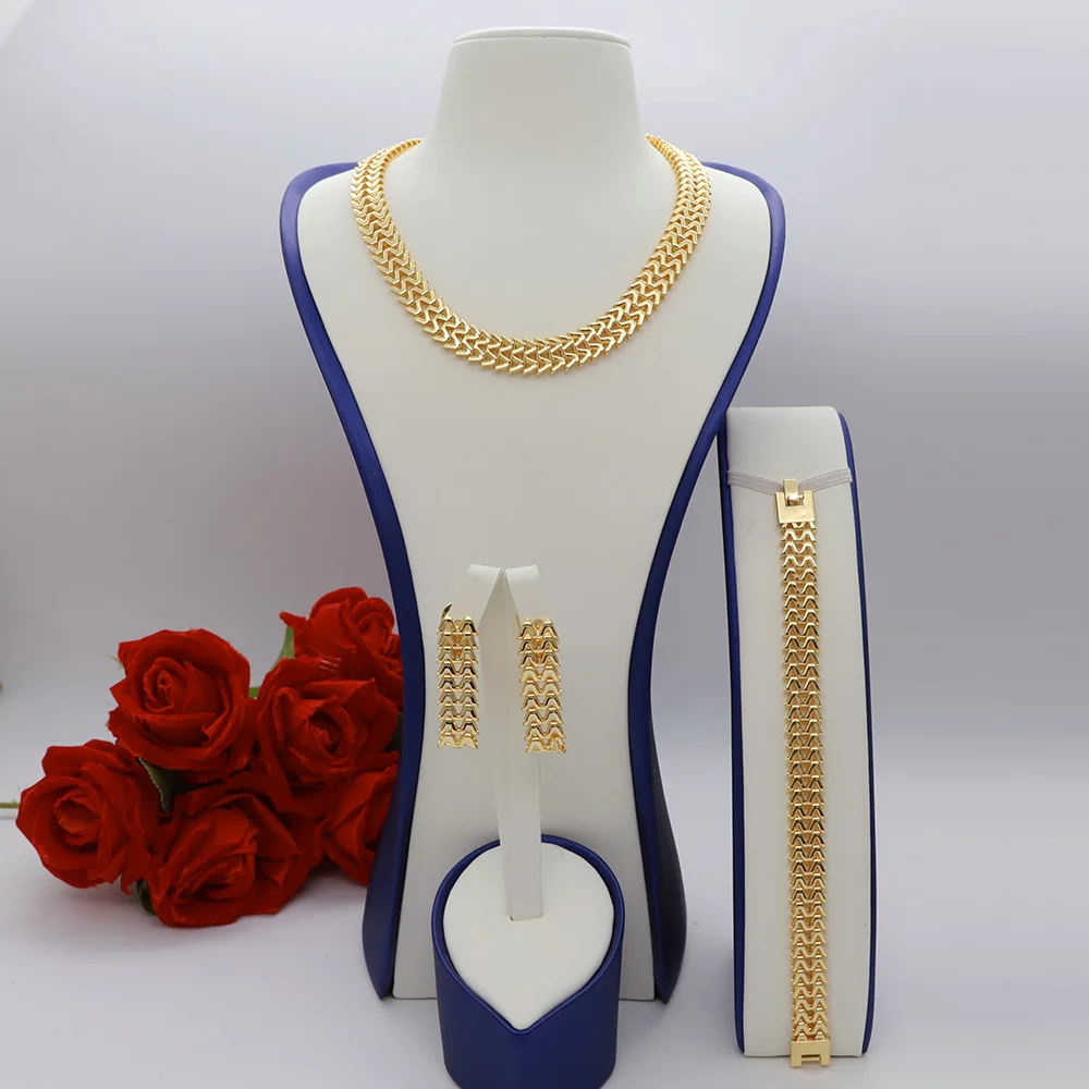 High Grade African Jewelry Women Necklace Bracelet Moderate Size Copper Earring Neck Chain 45CM Hip Hop Wholesale Accessories