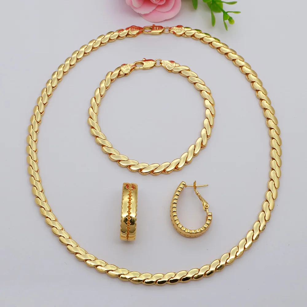 High Grade African Jewelry Women Necklace Bracelet Moderate Size Copper Earring Neck Chain 45CM Hip Hop Wholesale Accessories