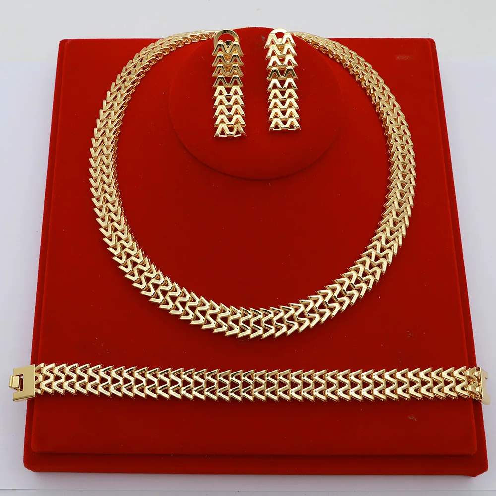 High Grade African Jewelry Women Necklace Bracelet Moderate Size Copper Earring Neck Chain 45CM Hip Hop Wholesale Accessories