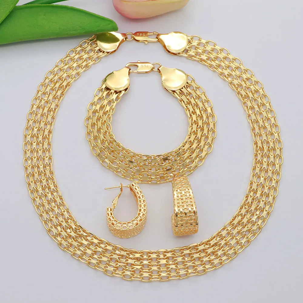 High Grade African Jewelry Women Necklace Bracelet Moderate Size Copper Earring Neck Chain 45CM Hip Hop Wholesale Accessories