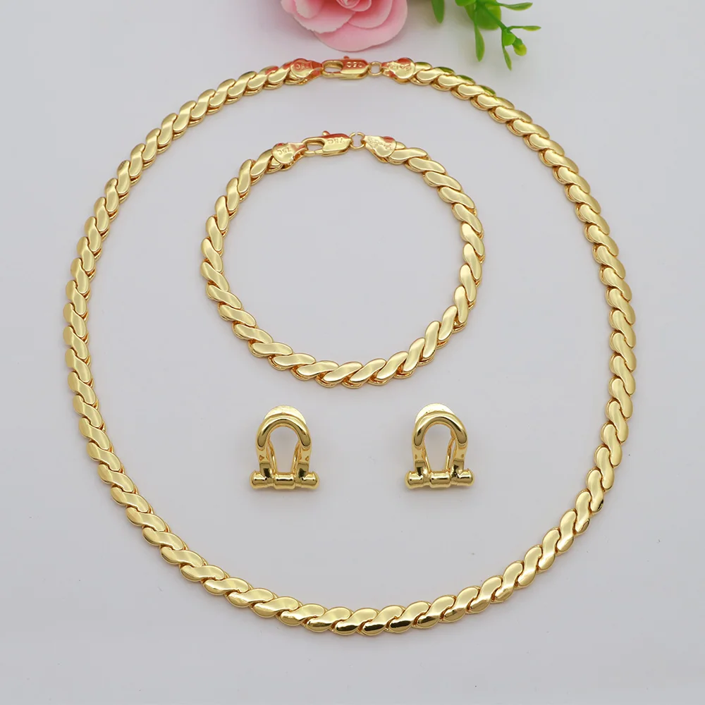 High Grade African Jewelry Women Necklace Bracelet Moderate Size Copper Earring Neck Chain 45CM Hip Hop Wholesale Accessories